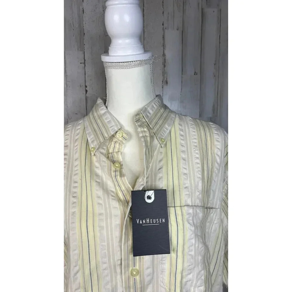 NWT Vintage Van Heusen Men's Large Yellow Striped Short Sleeve Button-Up Shirt - Picture 2 of 6